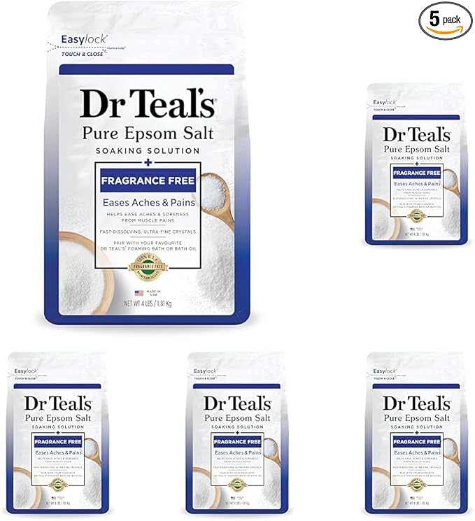 Dr Teal's Pure Epsom Salt Soak, Fragrance Free, 4 lbs (Packaging May Vary) (Pack of 5)
