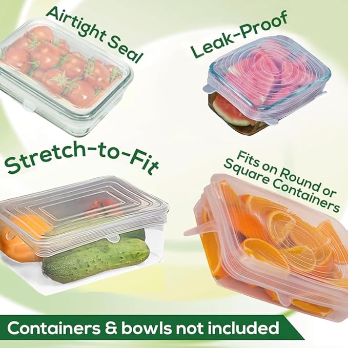 unwasted Reusable Silicone Lids (Variety Pack) – Upgrade Your Kitchen Gadgets with Our Rectangular Covers for Food Storage – Reusable Silicone Stretch Lids and Food Covers for Containers (Pack of 6)