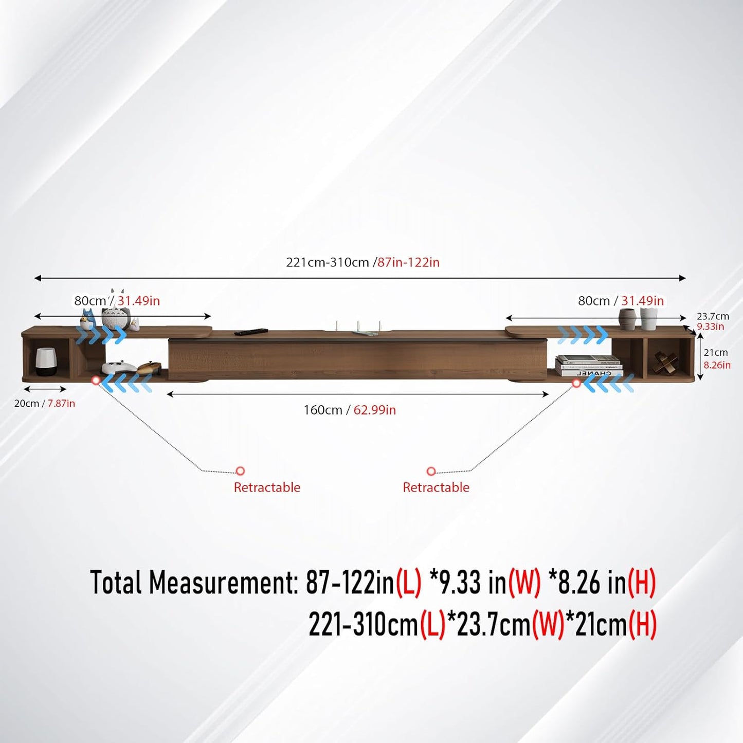Pmnianhua Retractable Length Floating TV Stand,Minimalist Floating TV Shelf,Wall Mounted TV Console,Adjustable 87'' to 122'' Floating Entertainment Center with Storage for Bedroom Living Room(Walnut)