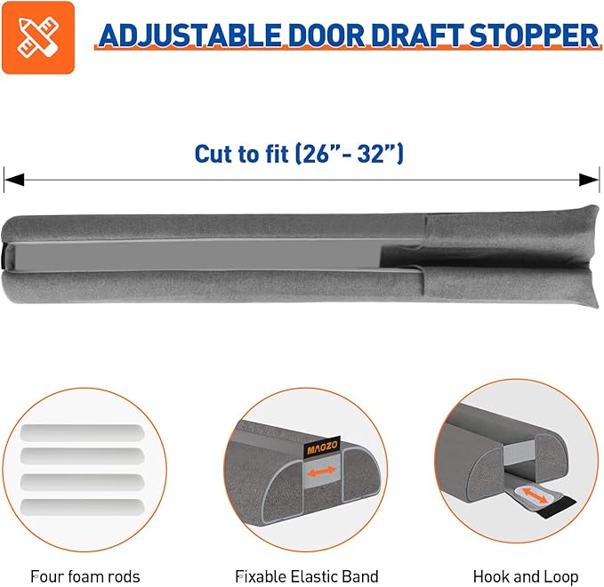 MAGZO Door Draft Stopper for Bottom of Door, 2 Pack 32 Inch Under Door Draft Stopper, Fan Shaped Under Door Gap Filler Bottom, Door Soundproofing, Grey