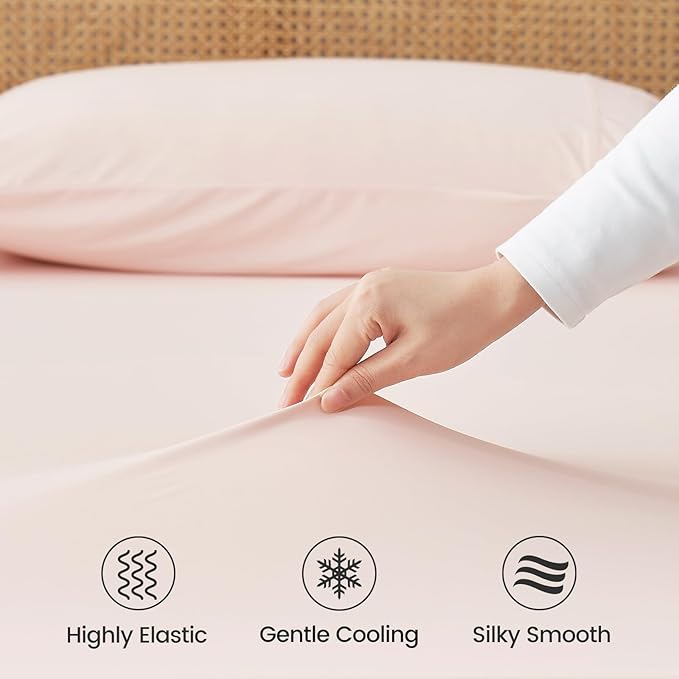 Cozy Bliss Premium Cooling Sheet Set Queen Size, Q-Max>0.4, 3PCS No Flat Sheet with 2 Pillowcases, Breathable Fitted Sheet for Hot Sleepers & Night Sweats, Deep Pocket Up to 18 Inches, Pink