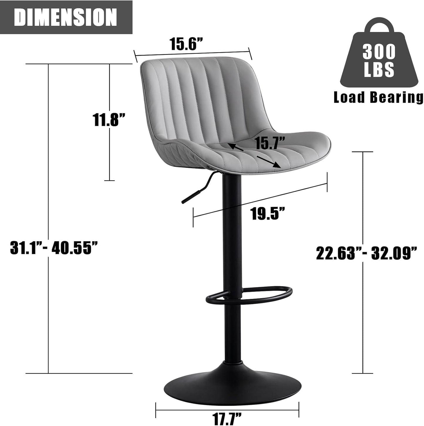 YOUNIKE Grey Bar Stools Set of 2 Kitchen Counter Height Barstools with Backs Modern Swivel Faux Leather Padded Bar Chairs Tall Adjustable Stools for Breakfast Island