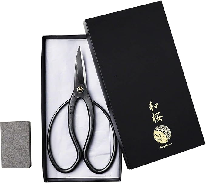 Wazakura Japanese Bonsai Trimming Care Kit Made in Japan - Traditional Bonsai Scissors 7inch(180mm) + Sap Rust Eraser Gift Box Set