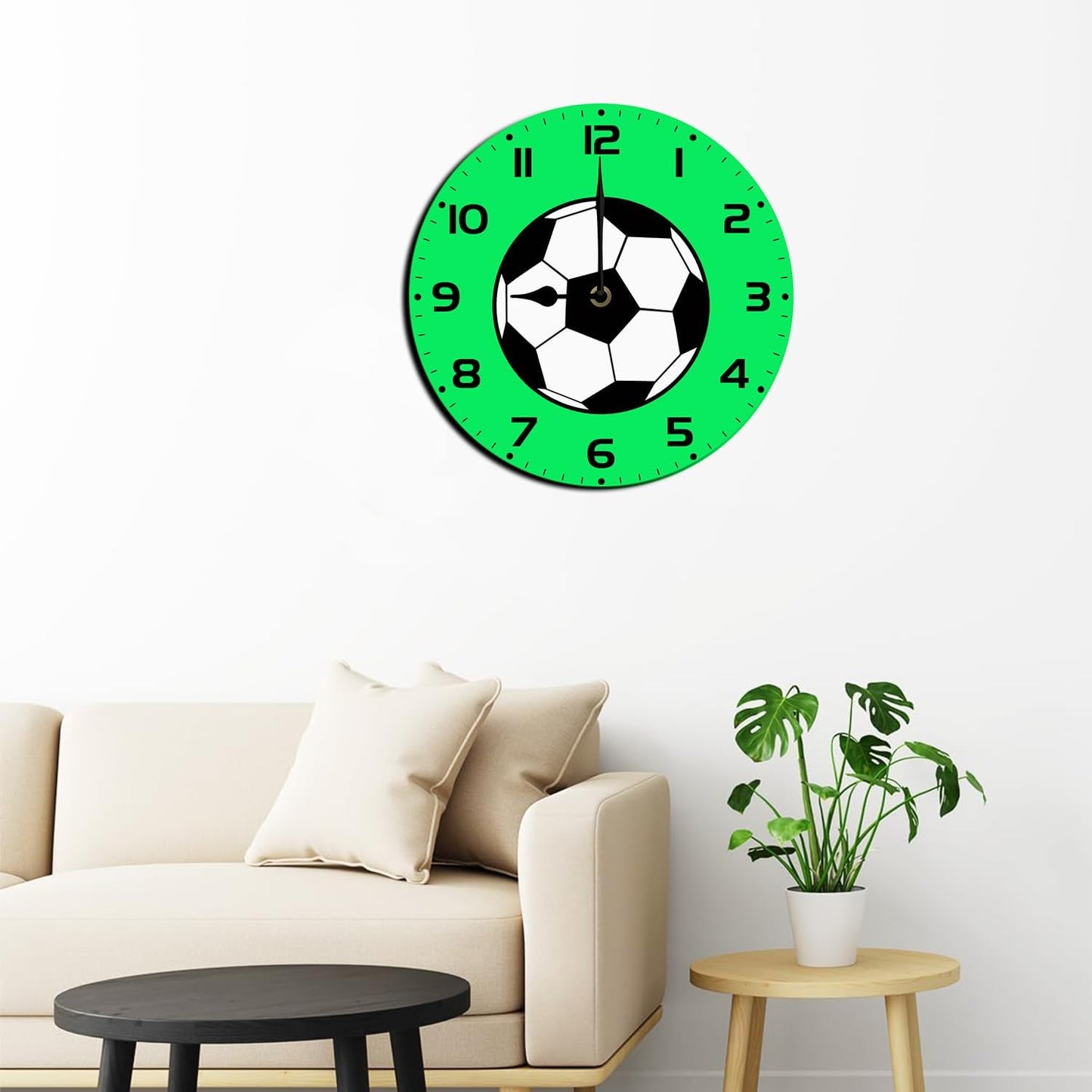 Soliyoahee Football Clock Round Wooden Wall Clock Home Decor Silent No Tick Battery Powered for Living Room Bedroom Kitchen Bathroom 10inch