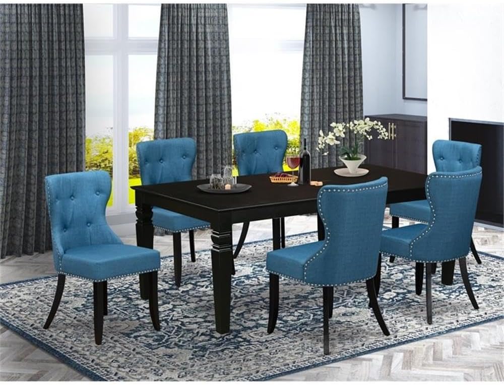 East West Furniture LGSI7-BLK-21 7 Piece Kitchen Table Set Consist of a Rectangle Dining Table with Butterfly Leaf and 6 Blue Linen Fabric Parson Dining Chairs, 42x84 Inch, Black