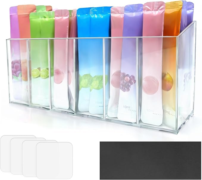 Drink Packet Organizer with Removable Divider & 6 Compartment, Mounted Water Packet Organizer with Soft Magnetic and Adhesive Sticker, Water Flavor Packet Storage for Kitchen Pantry Cabinet Fridge