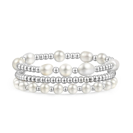 Silver Pearl Bracelets for Women Baroque Pearl Stackable Stretch Bead Ball Bracelet Jewelry Gifts （3PCS)