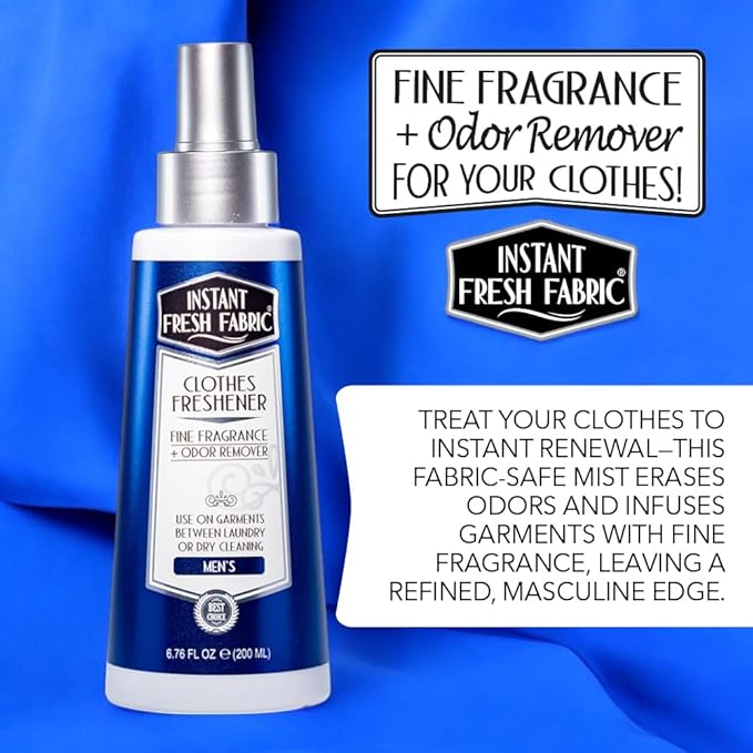 Premium CLOTHES FRESHENER for Men Fabric Spray Keeps Clothes Fresh, Odor Remover Fabric Refresher Spray Extends Garment Life, Linen Spray for Bedding Eco-Friendly, 6.76 oz – INSTANT FRESH FABRIC
