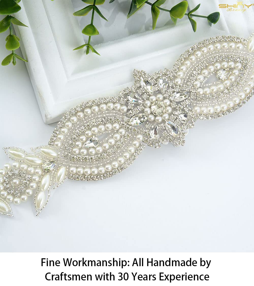 ShiDianYi Wedding Belt Applique Bridal Belt Rhinestone Applique Silver Wedding Dress Sash Belt Applique Crystal Rhinestone Off White Pearls…