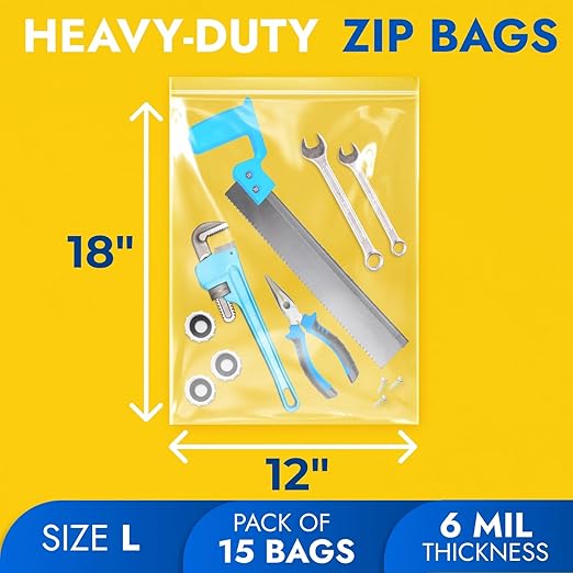 12" x 18" Large Zip Seal Lock Bags, 6 Mil (Pack of 15) – Heavy-Duty Reclosable Plastic Bags – Clear, Resealable, Waterproof – For Storing and Organizing Clothes, Jewelry, and Travel Items