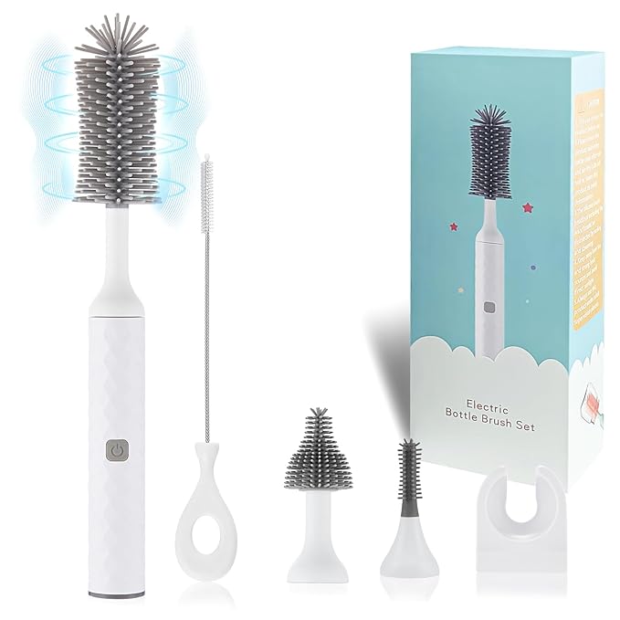 Electric Bottle Brush, 4 Piece Bottle Brush Set with Baby Bottle Brush Cleaner, Nipple Brush, Pacifier Cleaner, Straw Cleaner Brush, Gifts for Newborns and Mothers, White