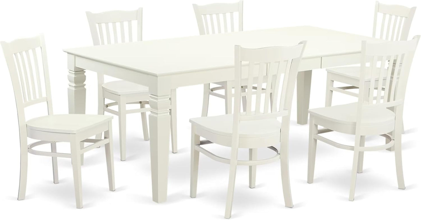 East West Furniture LGGR7-LWH-W 7 Piece Dining Table Set Consist of a Rectangle Dining Room Table with Butterfly Leaf and 6 Wood Seat Chairs, 42x84 Inch, Linen White