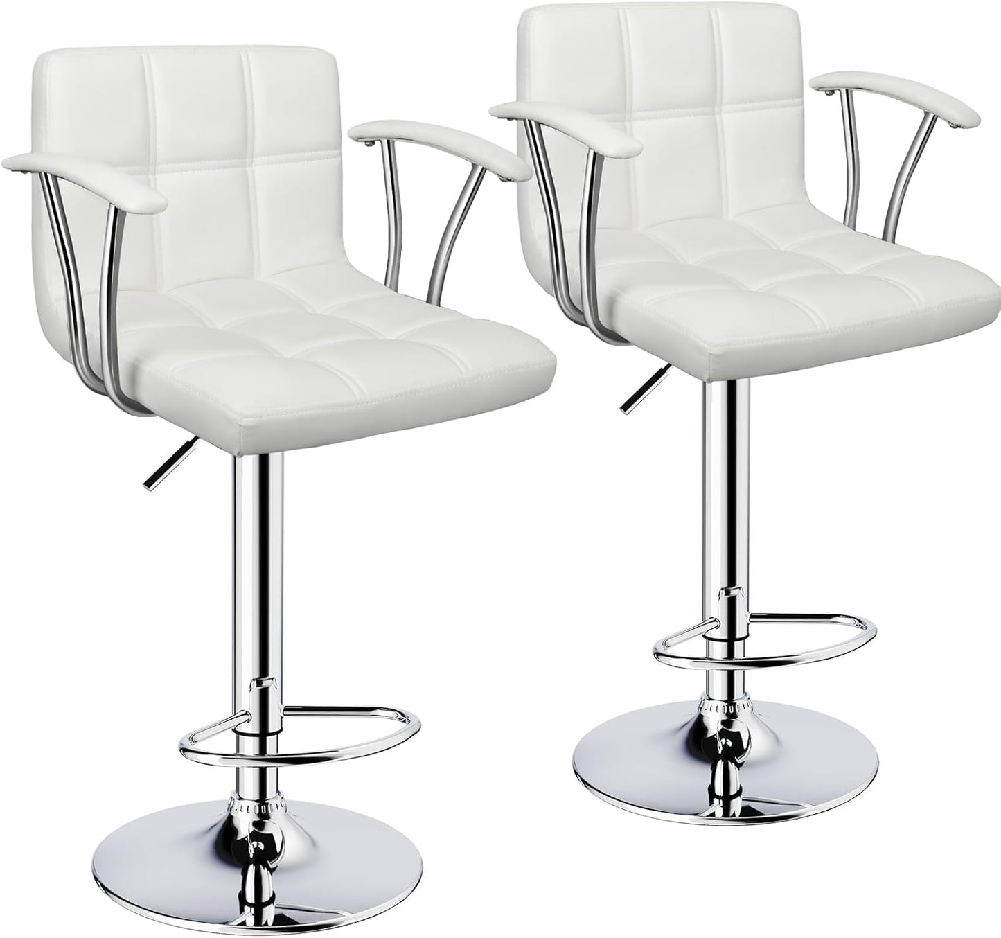 Bar Stools Set of 2,Armrest Adjustable Swivel Barstools with Back,Double Needle PU Leather Counter Height Bar Stools for Kitchen Island, White