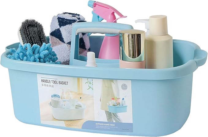 Cleaning Supplies Organizer, Large Cleaning Supply Caddy with Handle, Portable Cleaning Tool Storage Tote for Dorm, Bath, Pantry (Blue)