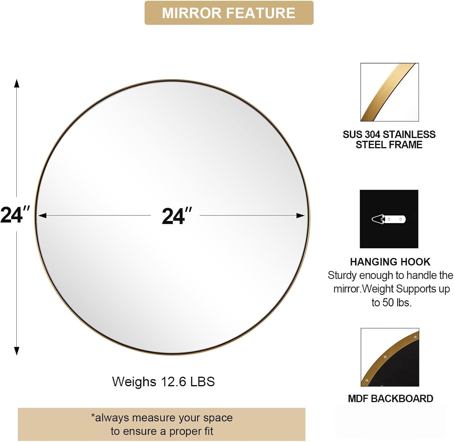 ANDY STAR Gold Round Mirror, 24’’ Brushed Gold Circle Bathroom Mirrors in Stainless Steel Metal Frame 1" Deep Set Design