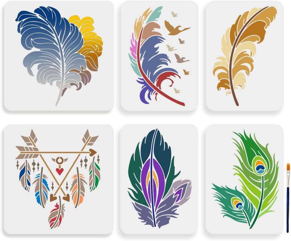 MAYJOYDIY 6pcs Bird Feather Stencils 11.811.8/11.78.3inch Large Arrow Kit With Paint Brush, Peacock Template for Wood, Canvas, Fabric, Wall, Furniture Decor