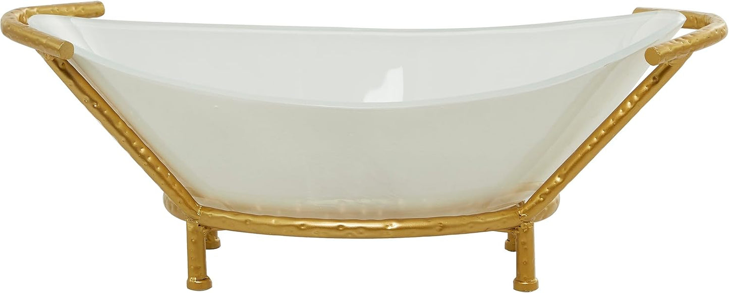 Deco 79 CosmoLiving by Cosmopolitan Glass Kitchen Serving Bowl with Gold Metal Stand, 25" x 14" x 9", White