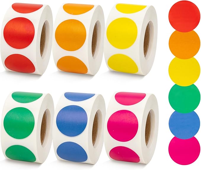 3000 Pcs 3/4" Round Color Coding Labels Stickers Circle Colored Dot Stickers Includes 6 Rolls, 500 Count Each