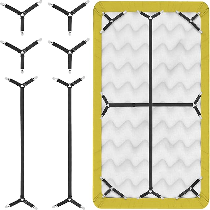 6pcs Bed Sheet Straps, Adjustable Non Slip Black Elastic Triangle Bed Suspenders, Keep in Place Fitted Sheet Straps Holder for Mattress Covers, Sofa Cushion