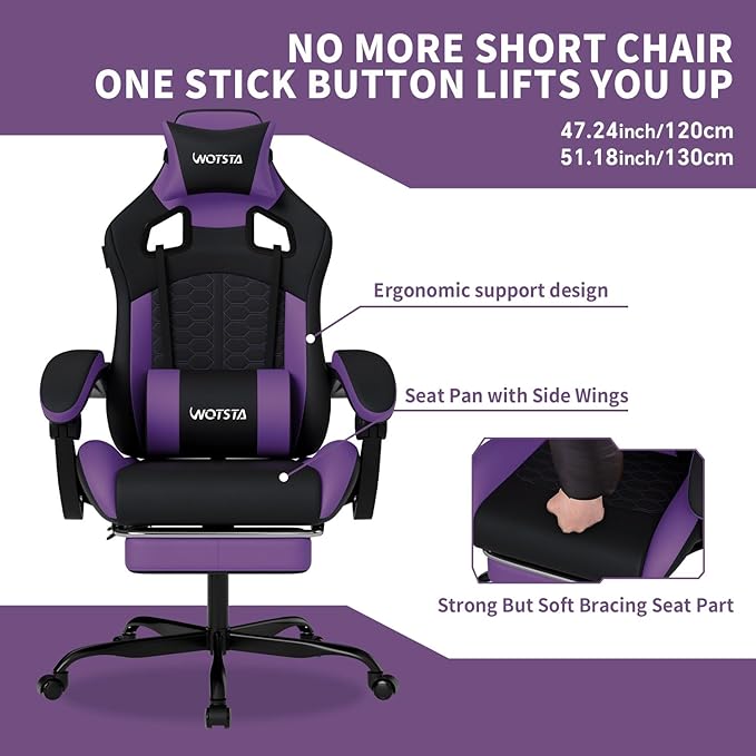 Gaming Chair with Massage,Ergonomic PC Gaming Chair with Footrest Comfortable Headrest and Lumbar Support,High Back Game Chair PVC Leather,300LBS (BlackPurple)