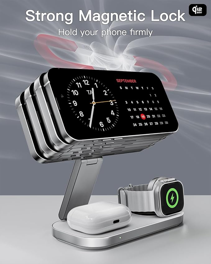 3-in-1 Charging Station for Apple Device, Qi2 25W Magnetic Wireless Foldable Fast Charger Stand Compatible with MagSafe for iPhone Air/17/16/15/14/13/12 Series, Apple Watch & AirPods