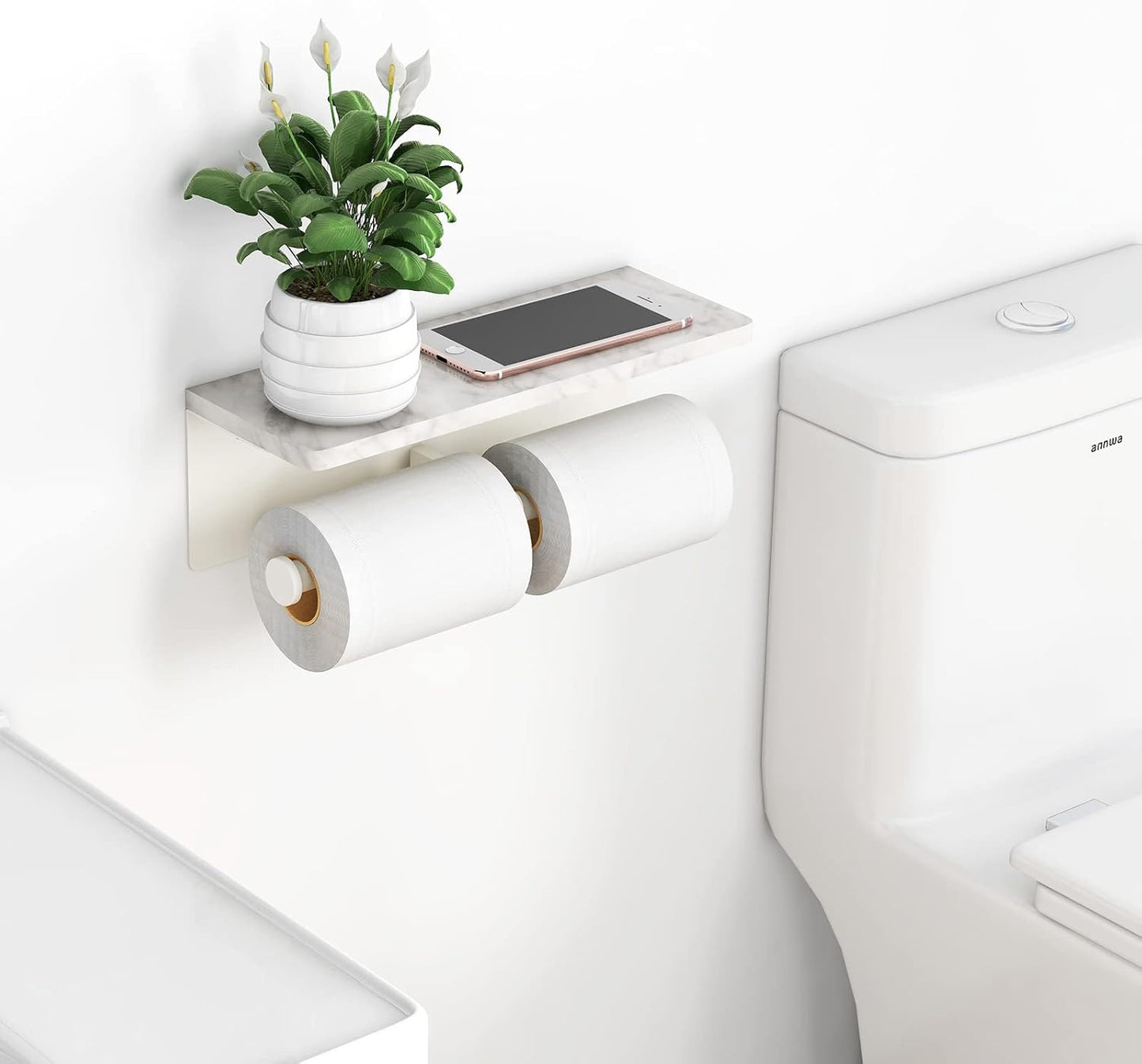 White Toilet Paper Holder with Shelf, New Upgrade Double Toilet Paper Holder with Storage, Marble Roll Toilet Paper Wall Mount for Bathroom Washroom