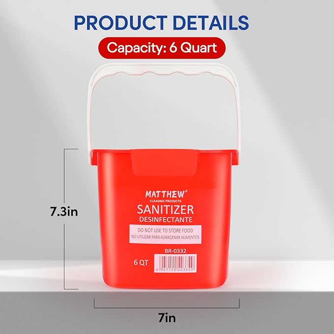Matthew Detergent and Sanitizing Cleaning Bucket 6 Quart Plastic Pail,Set of 6 Square Containers,Built-in Spout w/Handle,Wash Rinse Sanitize Handwash Bucket for Home Office Commercial (Red&Green)