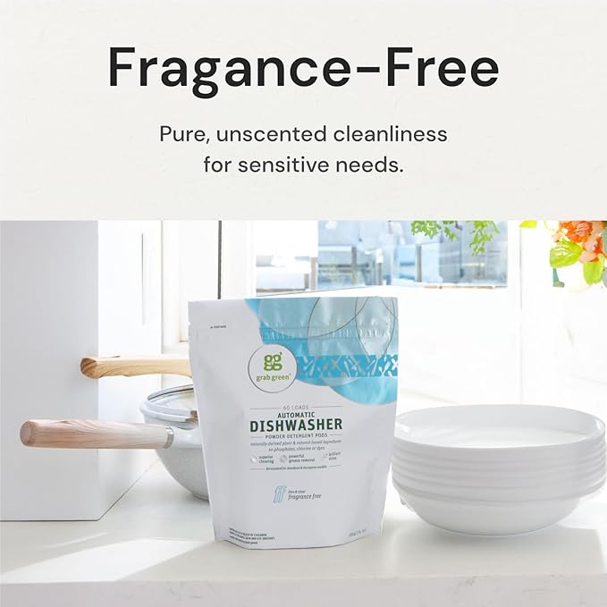 Grab Green Automatic Dishwashing Detergent Pods, 132 Count, Fragrance Free, Plant and Mineral Based, Superior Cleaning, Powerful Grease Removal, Brill