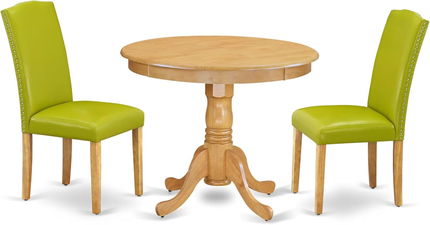 East West Furniture ANEN3-OAK-51 3 Piece Modern Dining Table Set Contains a Round Kitchen Table with Pedestal and 2 Autumn Green Faux Leather Upholstered Chairs, 36x36 Inch, Oak
