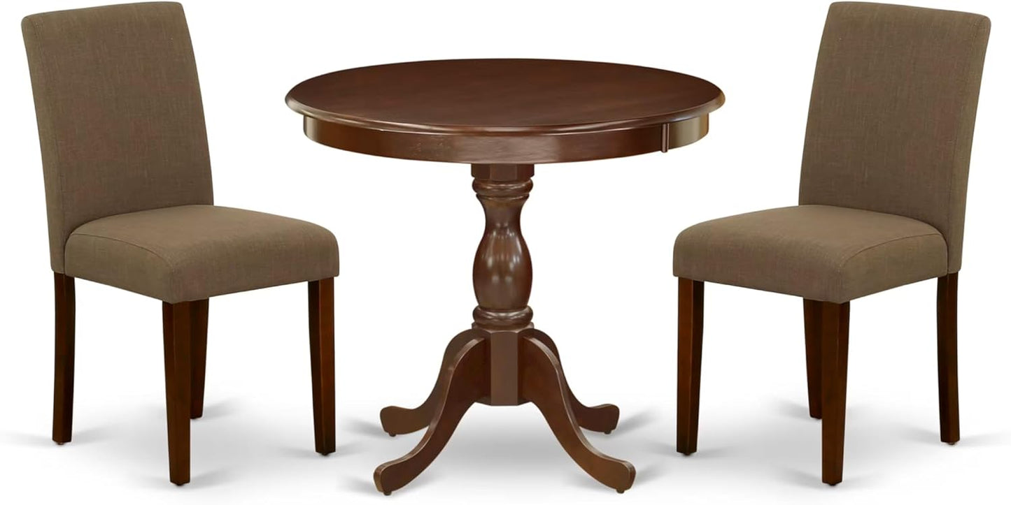 East West Furniture AMAB3-MAH-18 3 Piece Kitchen Table Set for Small Spaces Contains a Round Dining Table with Pedestal and 2 Coffee Linen Fabric Upholstered Chairs, 36x36 Inch, Mahogany
