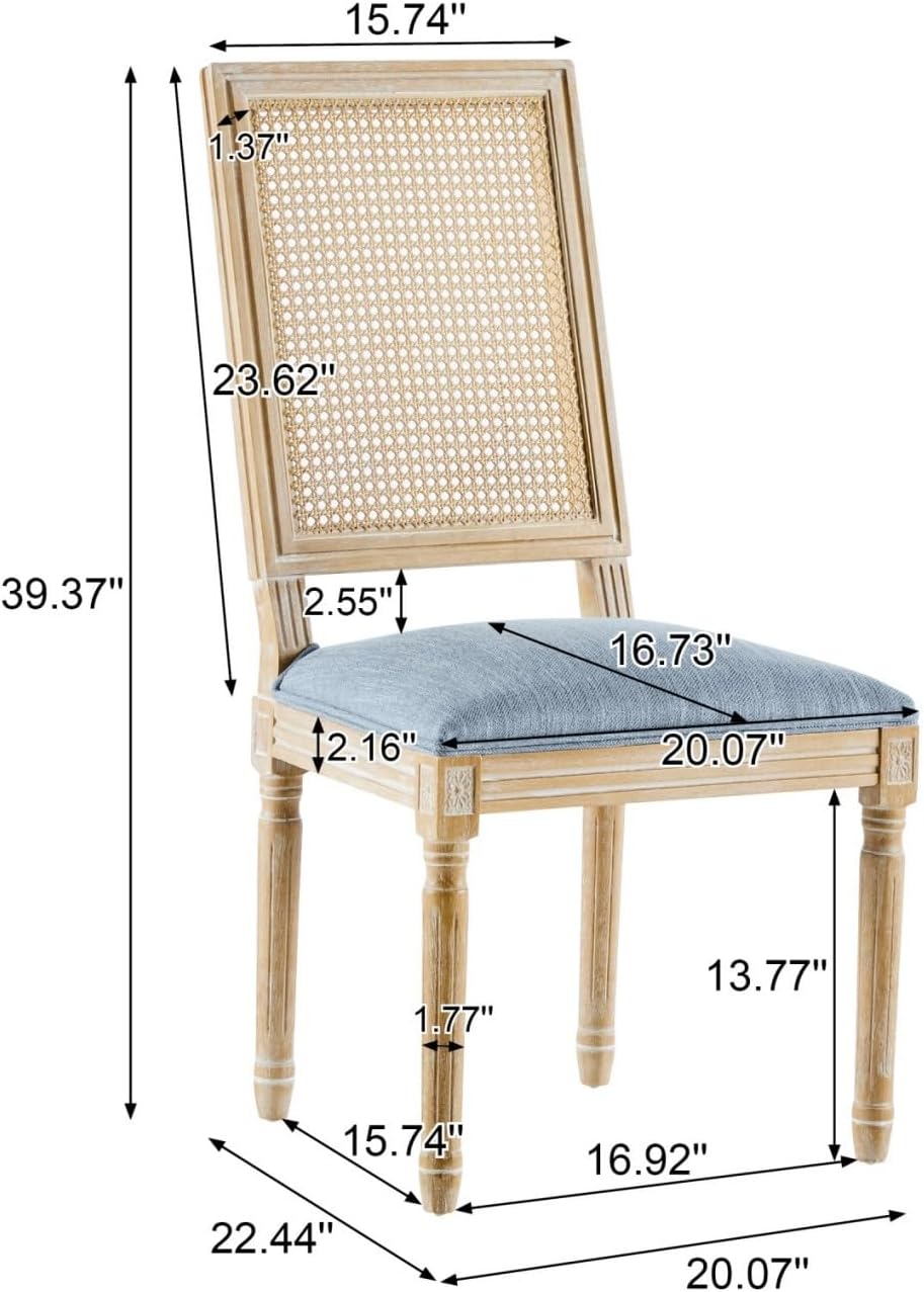 Merax Upholstered Solid Wood Dining Chairs Set of 2, French Country Style Accent Side Seating Furniture for Kitchen, Living Room, Wicker Back, Slate Blue
