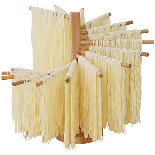 Collapsible Pasta Drying Rack Wooden Spaghetti Stand Dryer with 16 Suspension Rods Homemade Fresh Noodle Hanger Easy Storage(Log Color)
