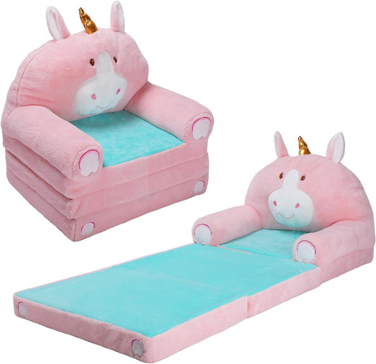 Foldable Kids Couch Toddler Backrest Armchair 2 In 1 Flip Open Sofa Bed for Chidren, Cartoon Comfy Soft Kids Chair, Steady Lightweight Toddlers Sofa Bed for Bedroom Livingroom Playroom Unicorn
