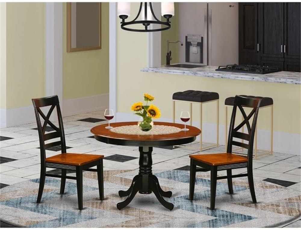 East West Furniture HLQU3-BCH-W 3 Piece Dining Table Set for Small Spaces Contains a Round Dining Room Table with Pedestal and 2 Wooden Seat Chairs, 42x42 Inch, Black & Cherry