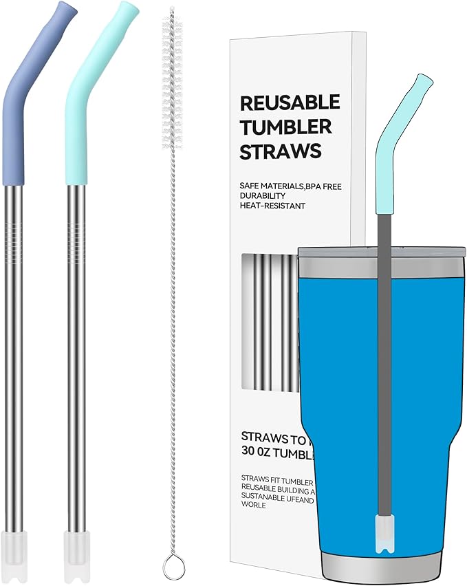 2 PCS 30oz Reusable Straws Ideal for 30oz Stanley Cup & 24oz Tumblers, Stainless Steel Drinking Straw with Anti-Clank Silicone Bottom, Fits Most Medium-Size Mugs