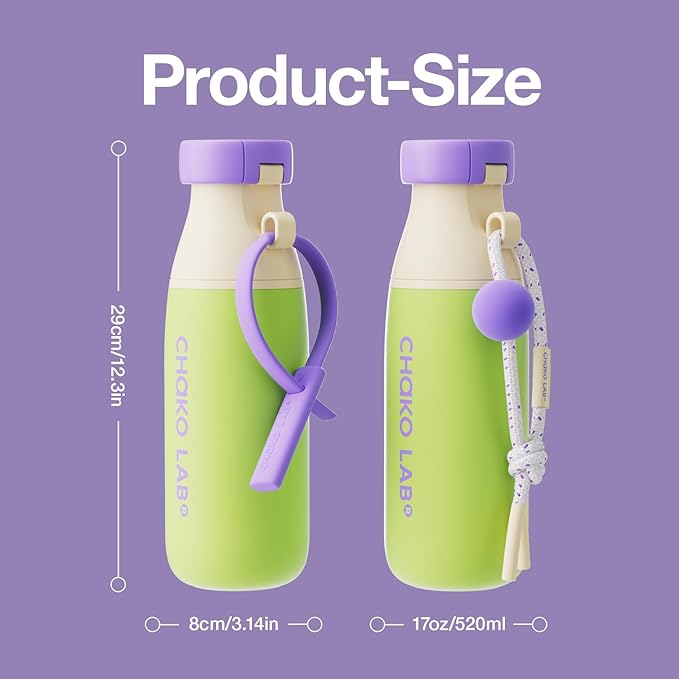 CHAKO LAB Insulated Stainless Steel Water Bottle with Two Strap | BPA-Free Leak Proof | 17oz Bottle with Spout Lid & Straw | Melon Cheese