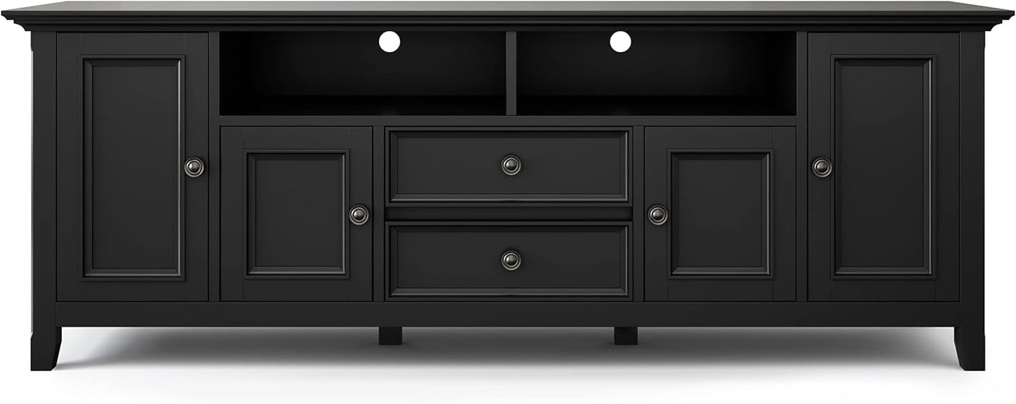 SIMPLIHOME Amherst 72-inch Wide Solid Wood TV Stand in Black, Transitional-Style Media Console for Living Room with Cable Management and Adjustable Shelves, Fits 80" TVs