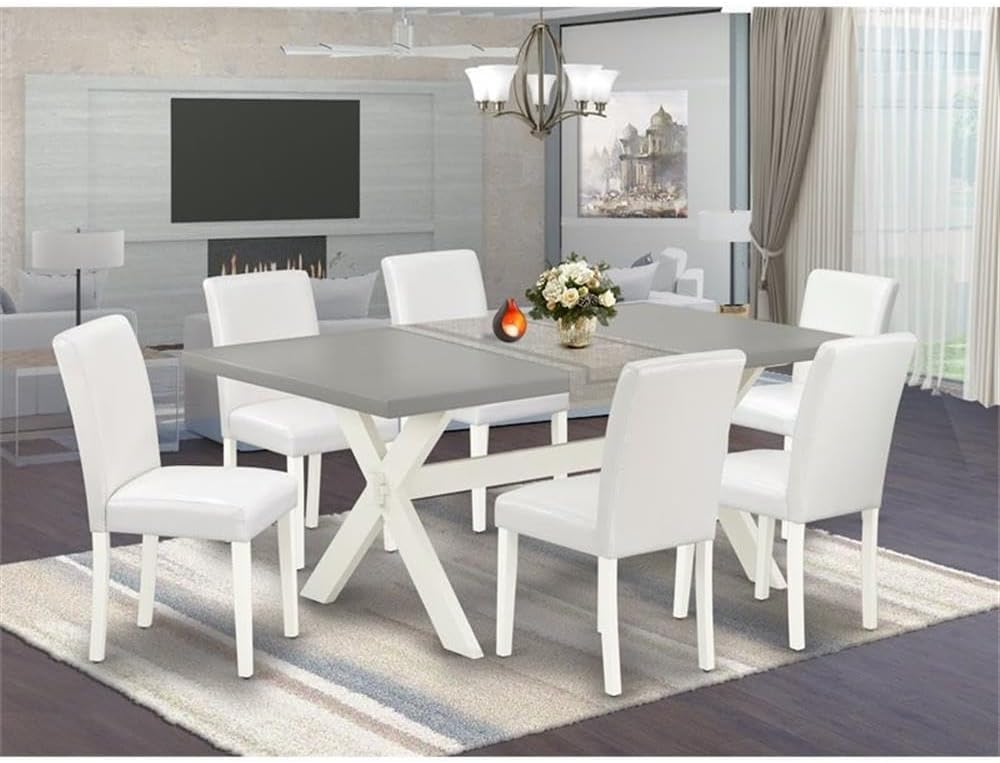 East West Furniture X097AB264-7 7 Piece Dining Table Set Consist of a Rectangle Dining Room Table with X-Legs and 6 White Faux Leather Upholstered Chairs, 40x72 Inch, Multi-Color