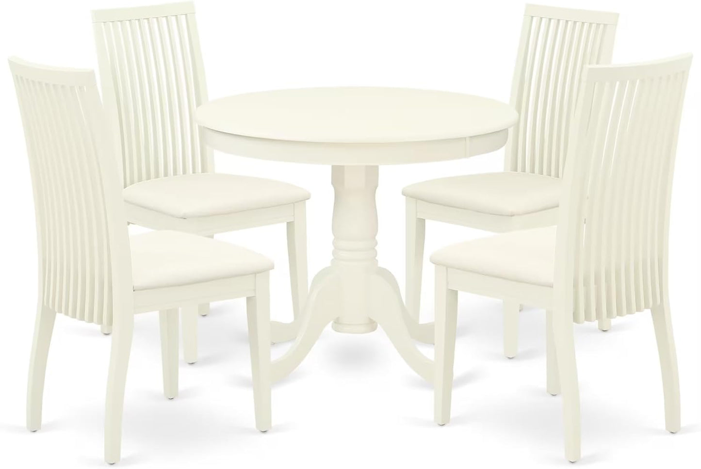 East West Furniture ANIP5-LWH-C 5 Piece Kitchen Table & Chairs Set Includes a Round Dining Room Table with Pedestal and 4 Linen Fabric Upholstered Chairs, 36x36 Inch, Linen White