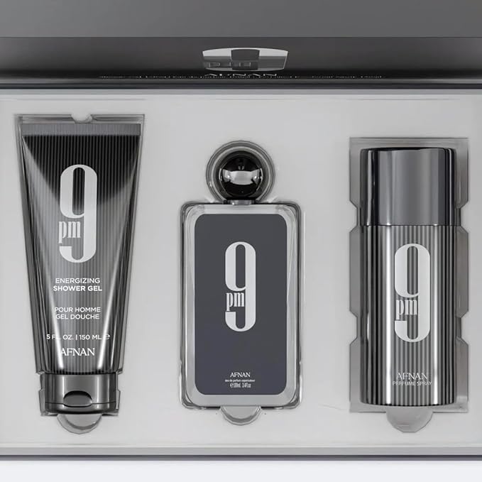 Afnan 9 Pm 3 Piece Set for Men, (3.4 Oz De Parfum Eau De Parfum Spray + 5.0 Oz Shower Gel + 5.0 Oz Perfume Deodorant)