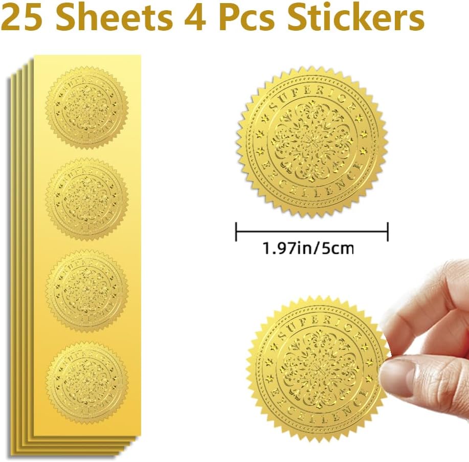Peacoblue Gold Foil Stickers Seals Official Embossed 2 Inch 100Pcs Excellent, Self Adhesive Gold Around Embossing Medal Stickers for Certificate Paper, Achievements and Awards, Envelope Seals, Praise