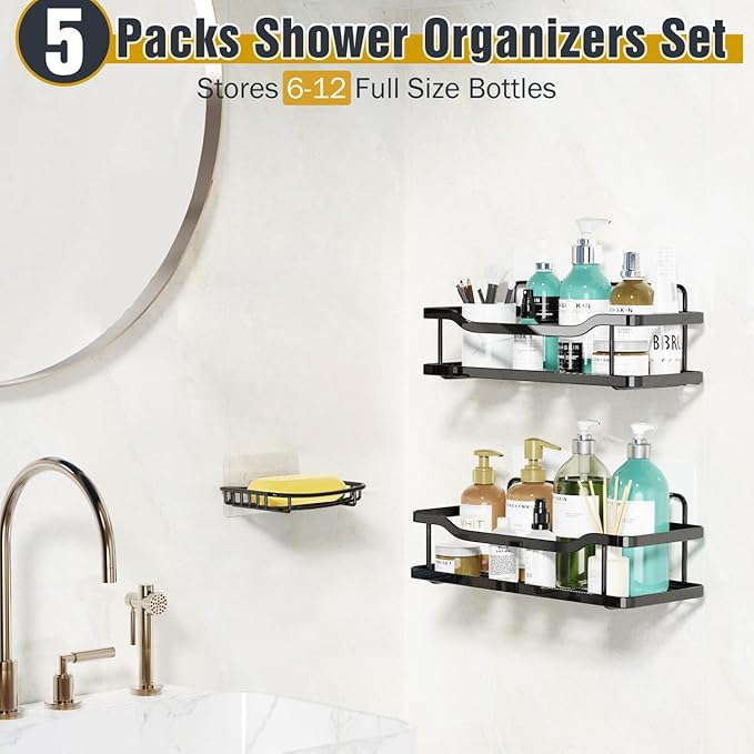 OMAIRA 3-Pack Shower Caddy with Soap Holder, Adhesive Rustproof No-Drill Strudy Loading Inside Shower Organizer Shelves Rack Storage Bathroom Organization for Smooth Wall Glass Tile, Black (X-Large)
