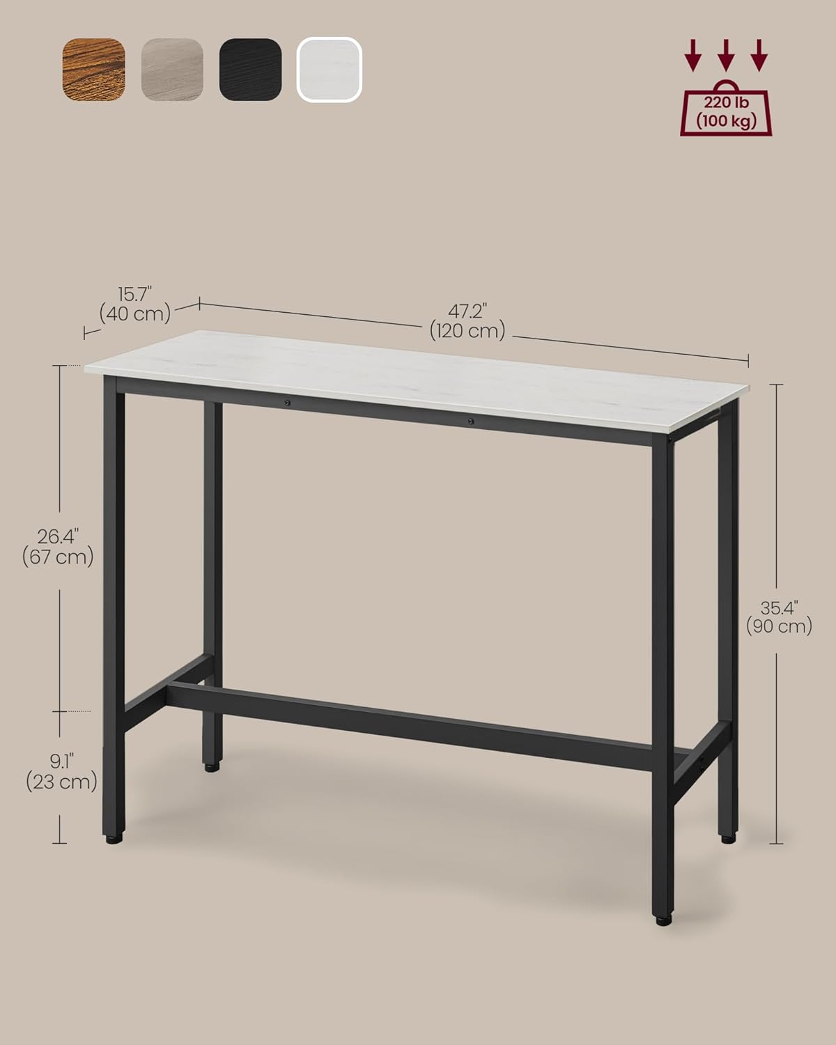 VASAGLE Bar Table, Narrow Long Kitchen Dining Table, Sturdy Metal Frame, Industrial, 15.7 x 47.2 x 35.4 Inches, Rustic White and Ink Black ULBT120B73
