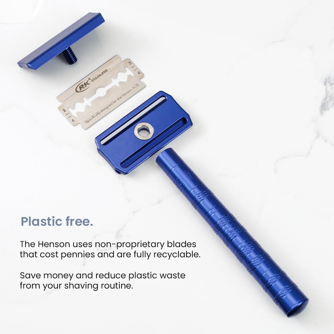 Henson Shaving Razor - Aluminum Double Edge Safety Razor with 5 Spare Blades - 30° Angled Precision With Superior Blade Rigidity- Reusable Single Blade Razors For Men and Women - Mild Aggression