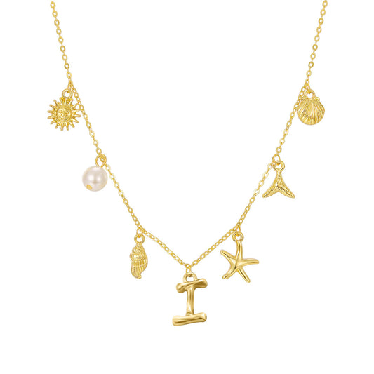 JALZEMPL Initial Charm Necklace For Women Shell Seashell Summer Beach Letter 14K Gold Plated Pendant Starfish Surfer Boho Jewelry Gifts (I)