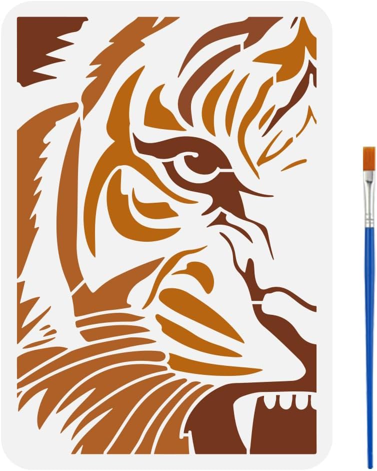 FINGERINSPIRE Peek at Tiger Stencil with a Paint Brush 11.7x8.3Inch Abstract Tiger Face Painting Stencil Reusable PET Animal Themes Decoration Template for Painting on Wood Wall Floor Furniture
