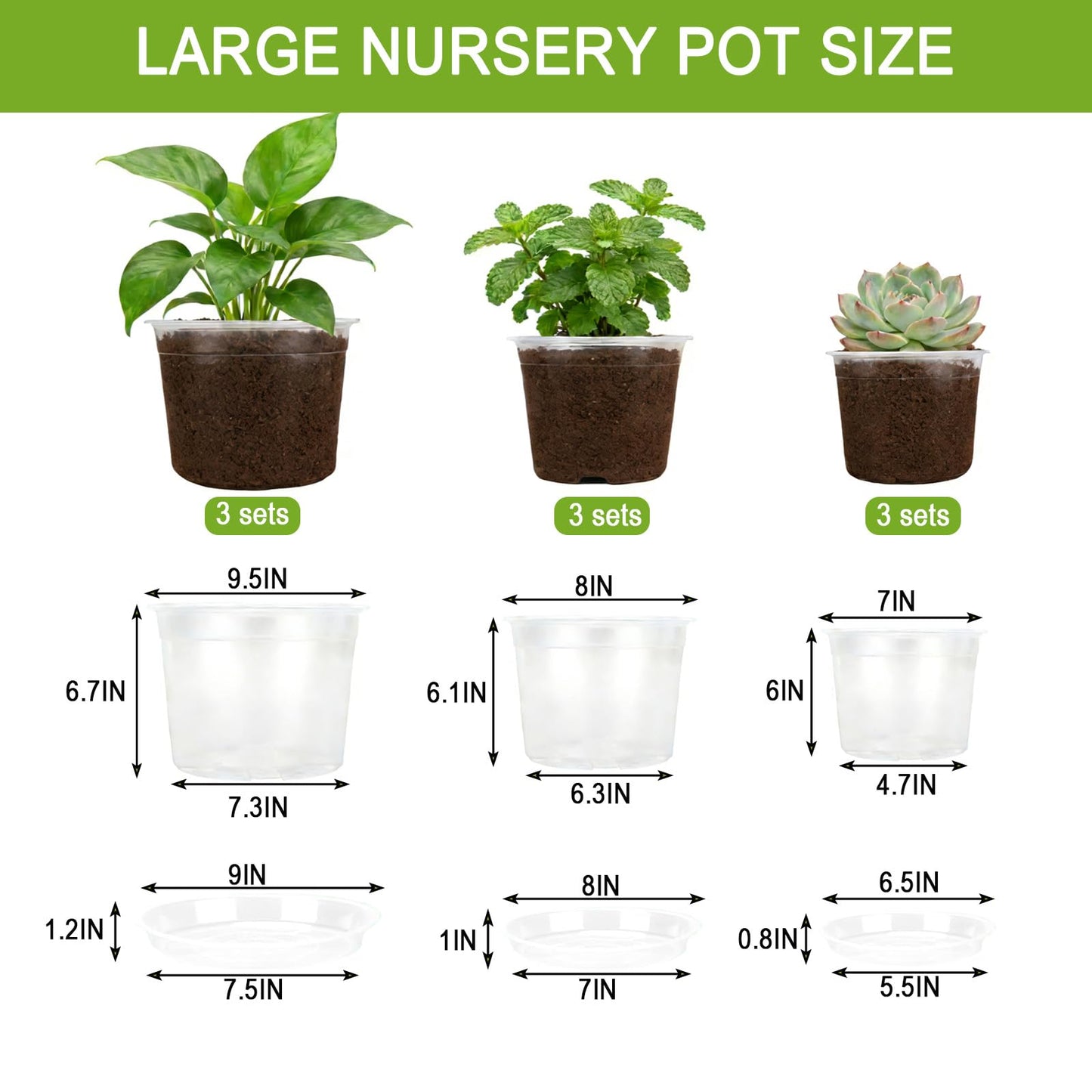 STAFANIE 7/8/10 Inch Large Clear Nursery Pots with Drainage Holes, Thick Reusable Plastic Plant Pots for Indoor Outdoor Plants, Seedlings, Succulents, Transplanting (7/8/10 inch)