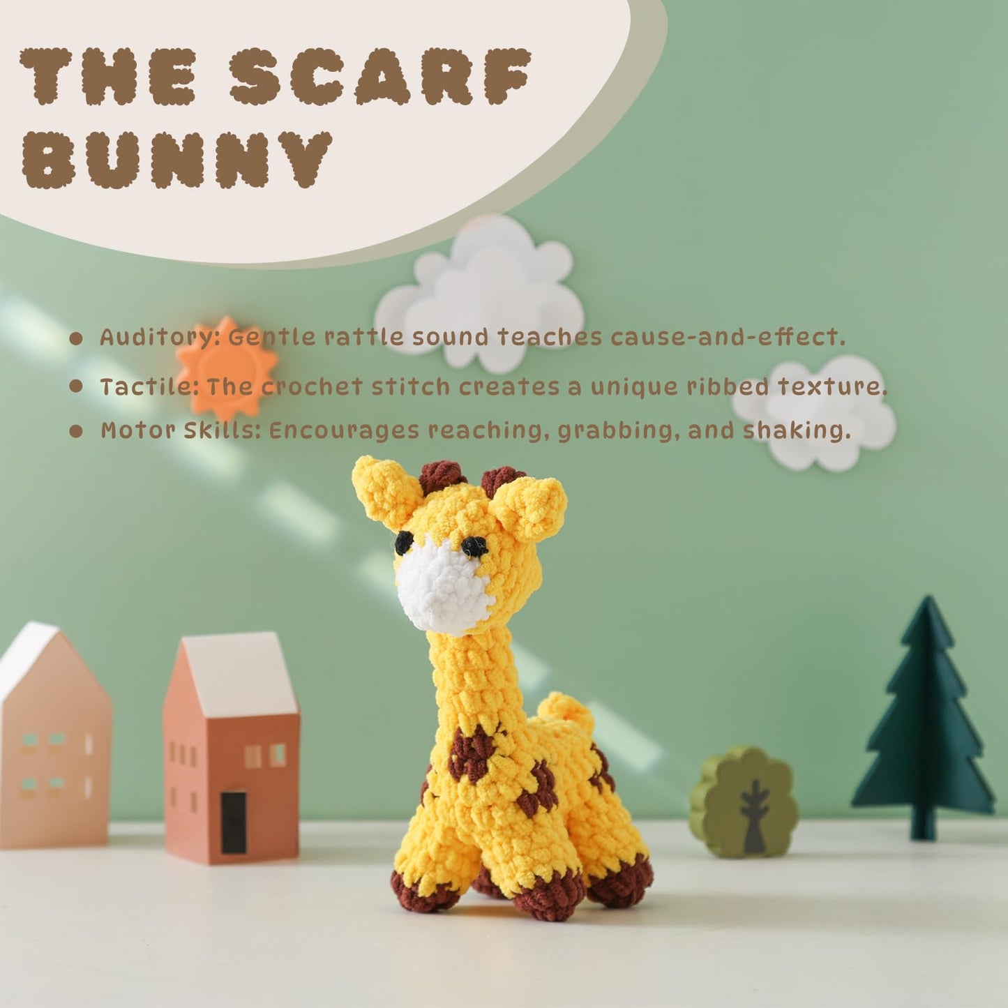 Moyii Handmade Crochet Giraffe Baby Rattle - Soft Cotton Amigurumi Sensory Shaker Toy for Newborns & Infants - Easy Grip Lovey Sleep Toy & Neutral Nursery Decor Shower Gift