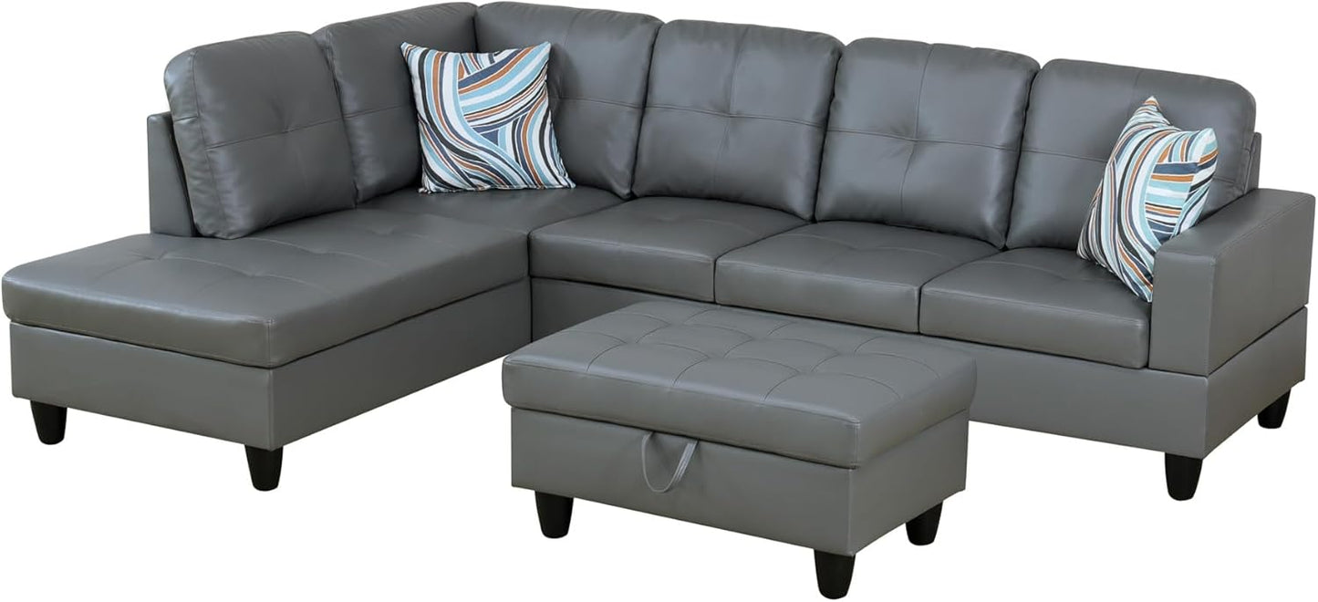Osparple L Shaped Couch PU Leather Sectional Couches for Living Room Upholstered 3 Pieces Modular Sectional Sofa with Chaise, Ottoman with Storage for Living Room and Small Apartment, Dark Grey