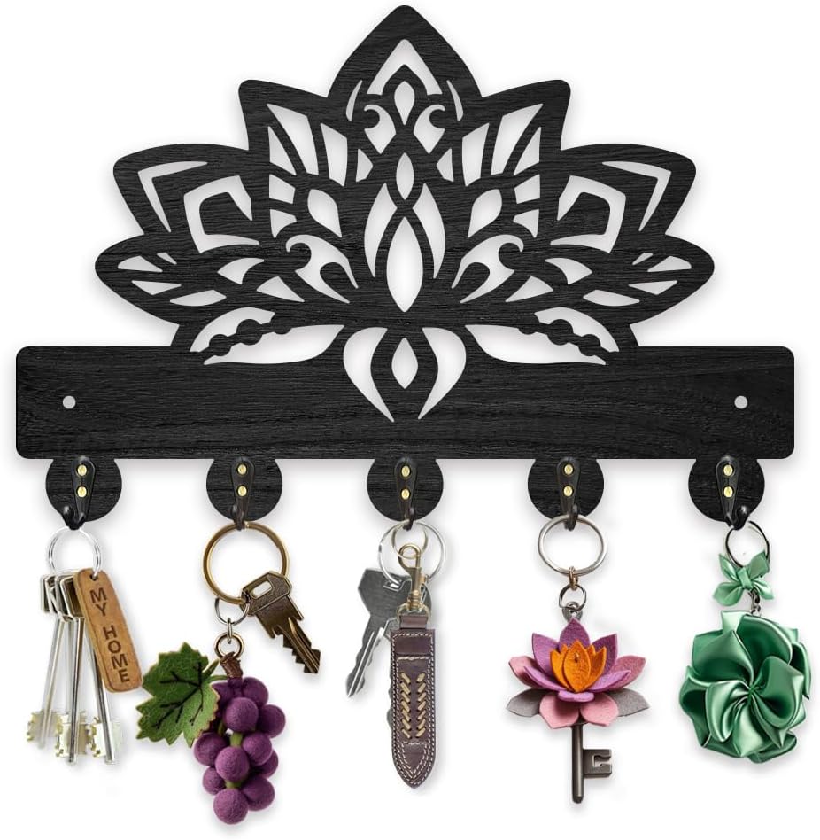 MAYJOYDIY Wood Lotus Flower Coat Hooks Hanger Mandala Lotus Key Holder for Wall 11.8×7.9inch Black Key Hooks Rack 5 Alloy Hooks Home Decor Gifts Entryway Kitchen Bathroom Storage Organizer